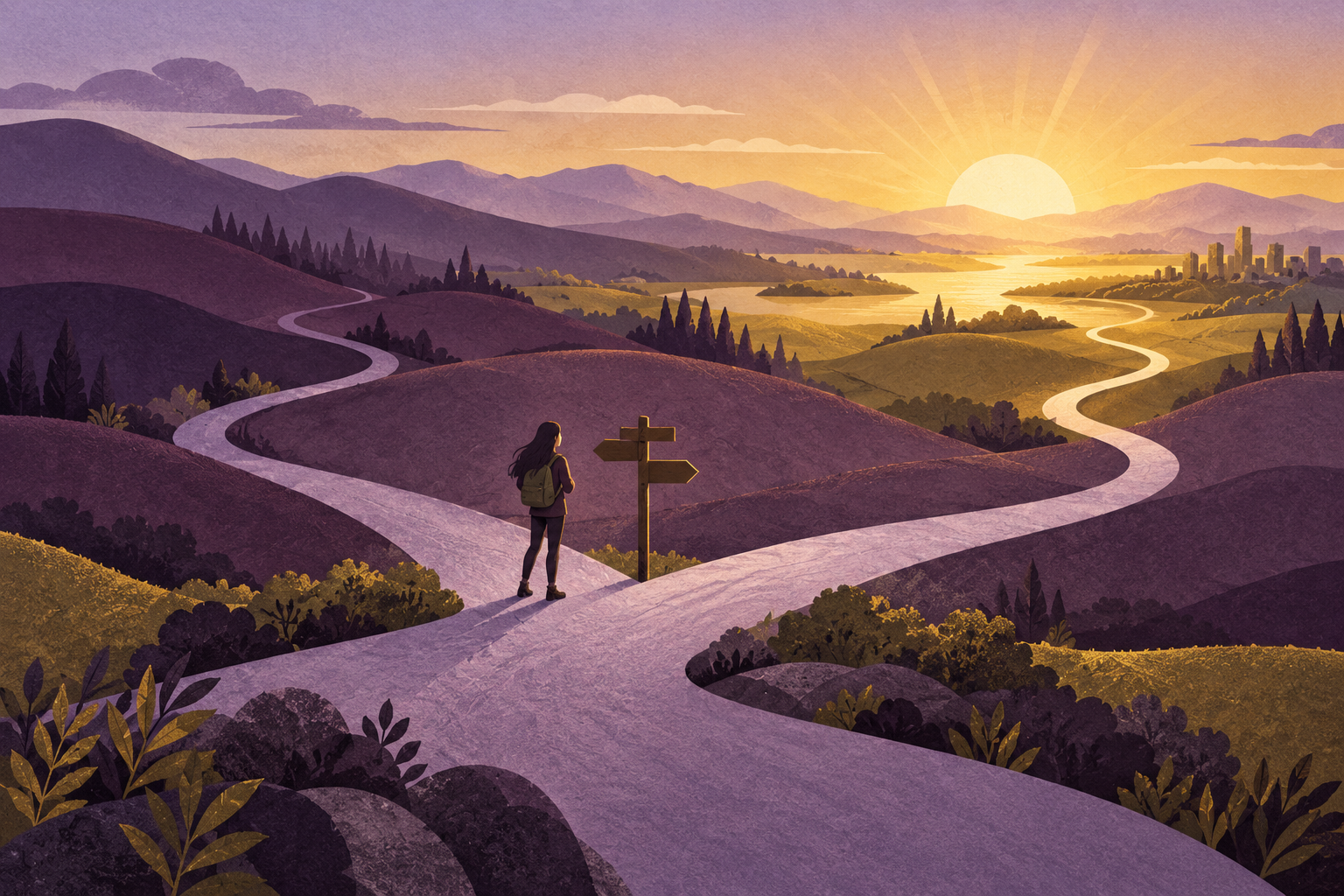 A young adult at a signpost where paths branch toward a sunrise